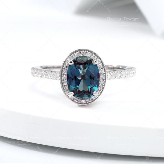 1.5ct Oval Lab Grown Alexandrite Teal color 6x8mm Classic Halo design Engagement ring in 18k white gold
