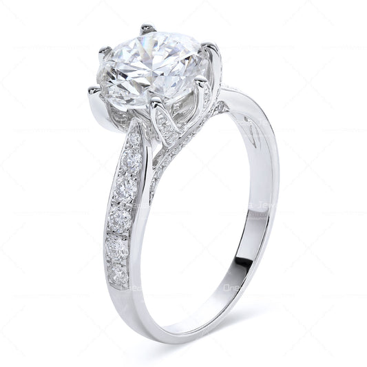 3ct round Lab Diamond Petal-Shaped Prongs Encrusted Band Engagement Ring in 14k white gold