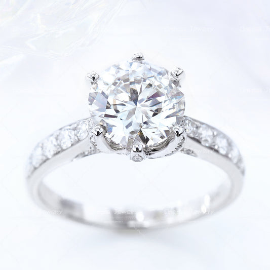 3ct round Lab Diamond Petal-Shaped Prongs Encrusted Band Engagement Ring in 14k white gold