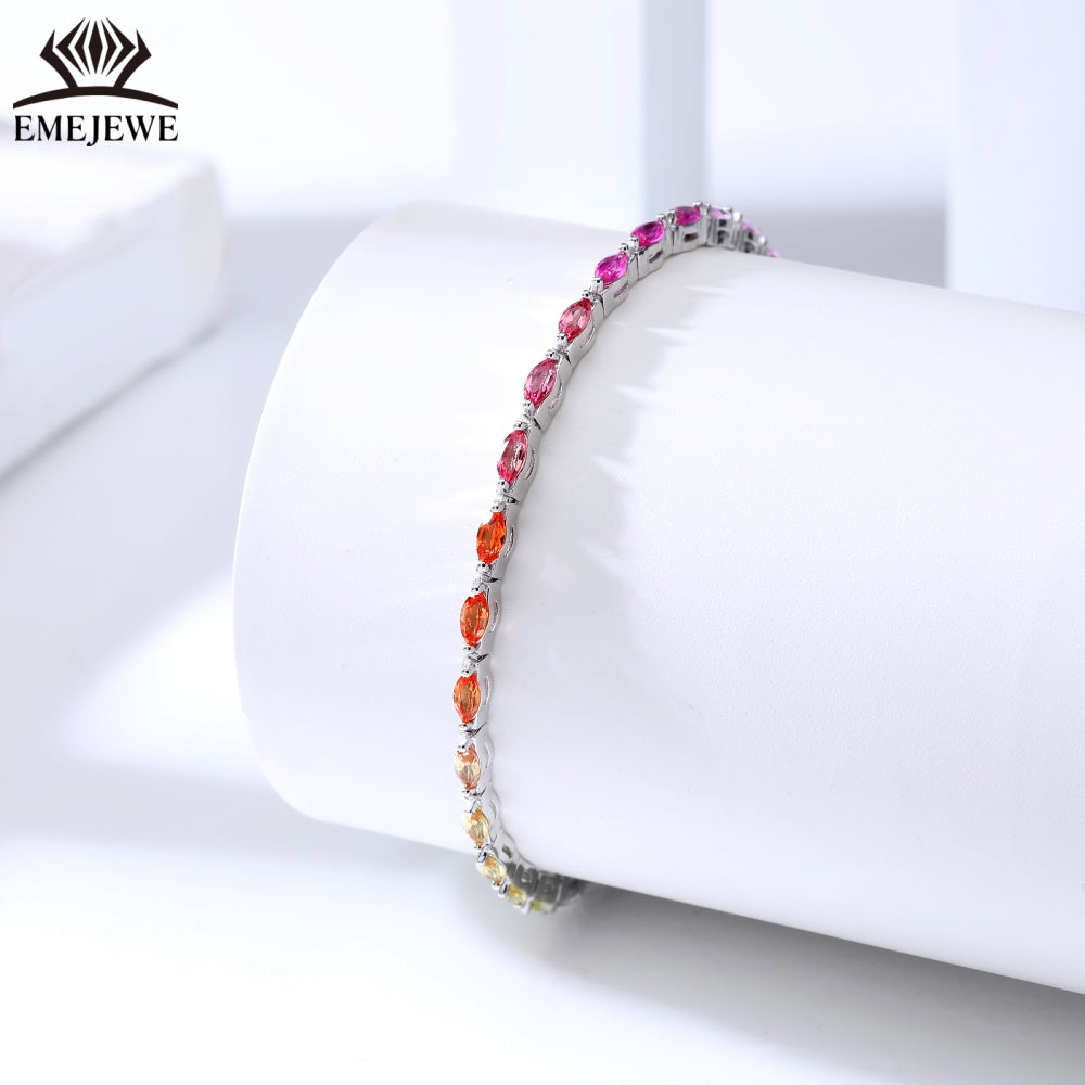 Lab Grown Vintage Marquise Cut Vibrant Rainbow Sapphire Tennis Bracelet Tai Silver 2*4mm Rich Colored Sapphires