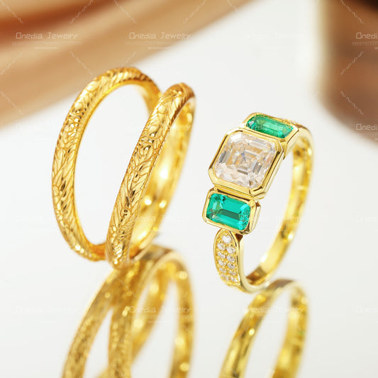 Three-Stone Emerald Cut Diamond Ring with Matching Engraved Bands in 18K gold