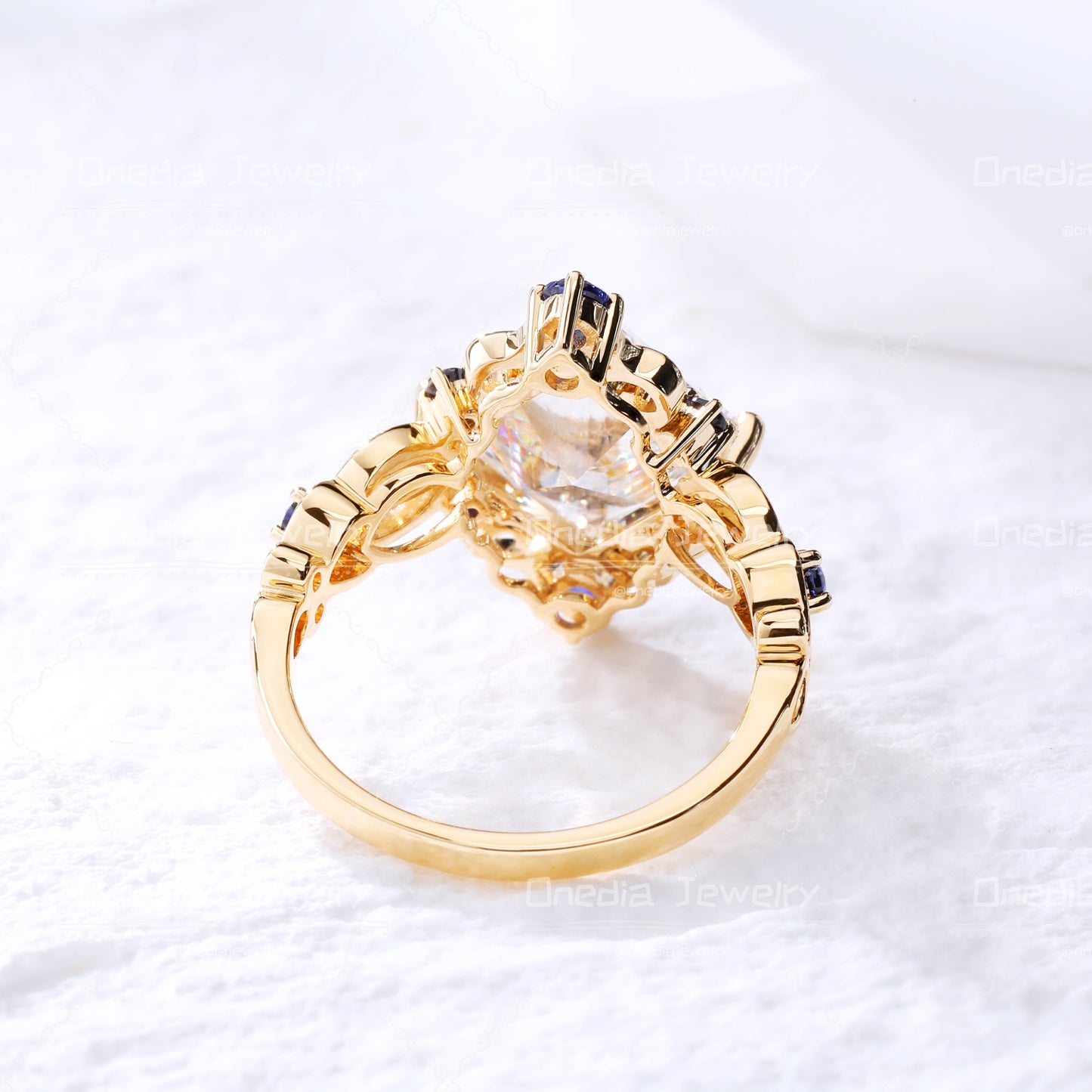 3ct Princess-cut Lab Diamond Intricate Filigree with Sapphire Embellishments Engagement Ring in 18k yellow gold