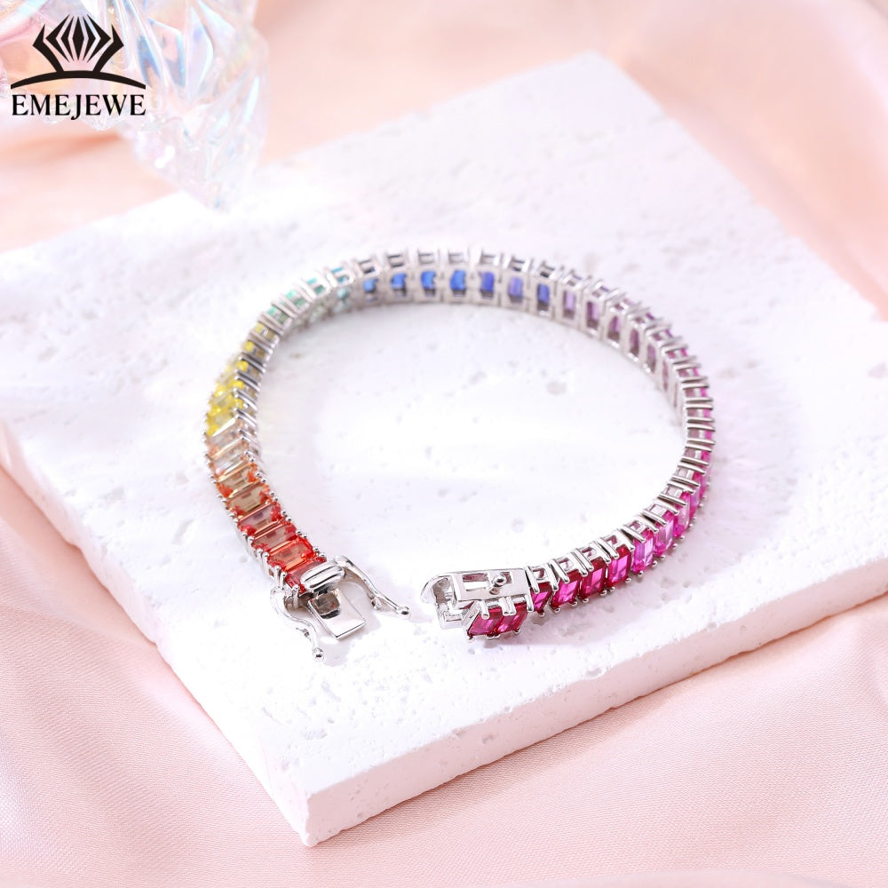 Lab Grown Emerald Cut Rainbow Sapphire Tennis Bracelet Tai Silver Platinum Plated 3*5mm Rich Color