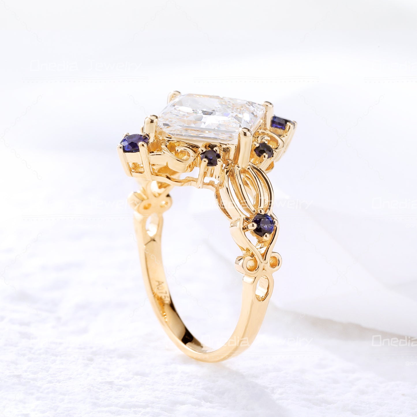 3ct Princess-cut Lab Diamond Intricate Filigree with Sapphire Embellishments Engagement Ring in 18k yellow gold