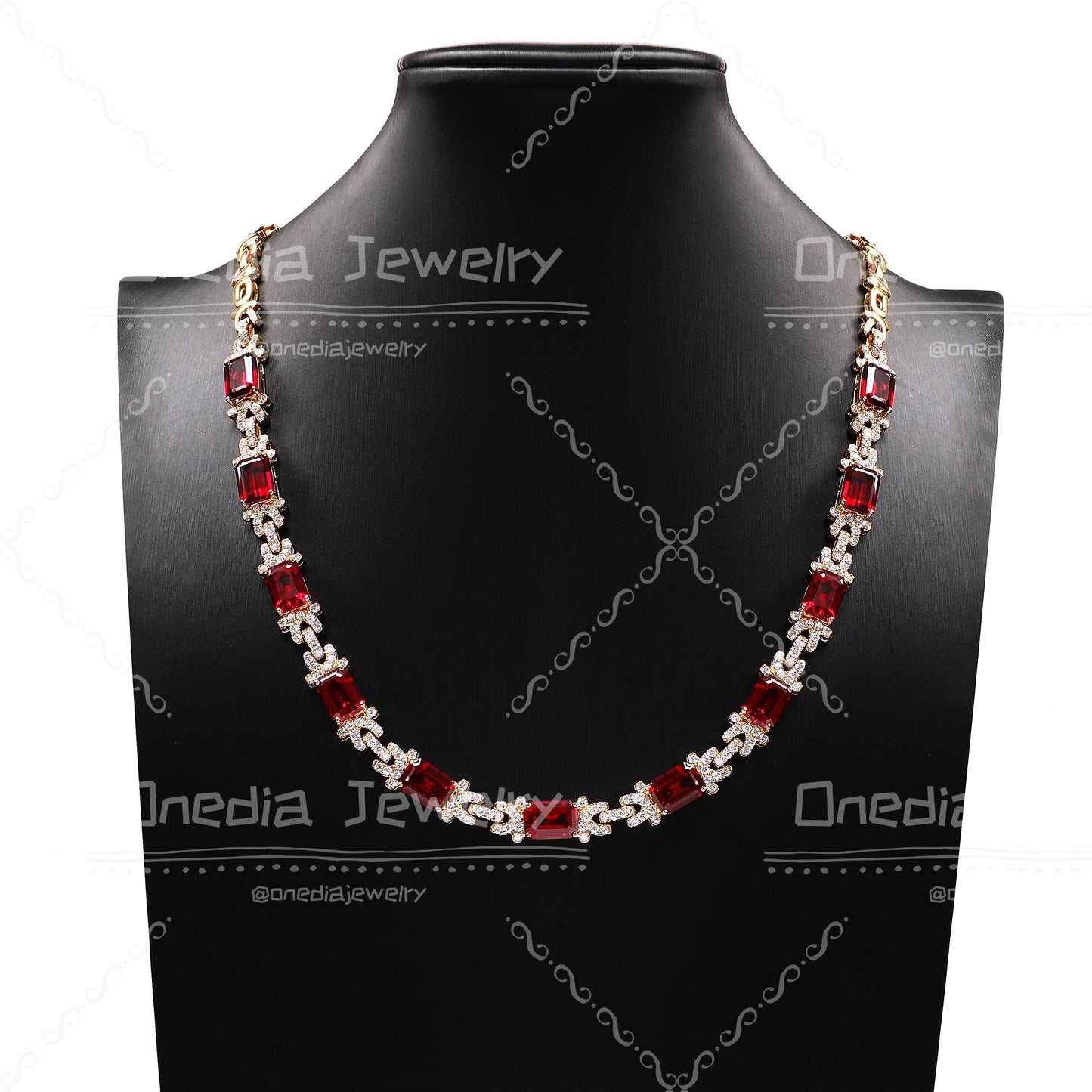 8x10mm Emerald Cut Lab Grown Ruby with Lab diamonds Luxury Design half paperclip chain 18k Rose Gold Necklace