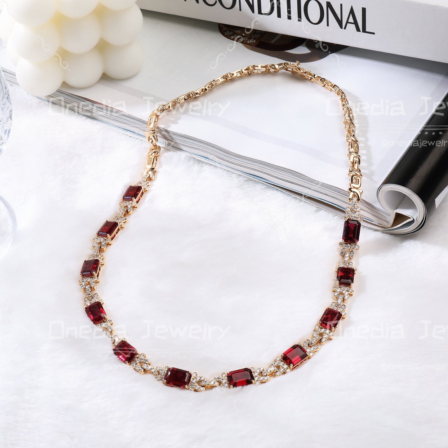 8x10mm Emerald Cut Lab Grown Ruby with Lab diamonds Luxury Design half paperclip chain 18k Rose Gold Necklace