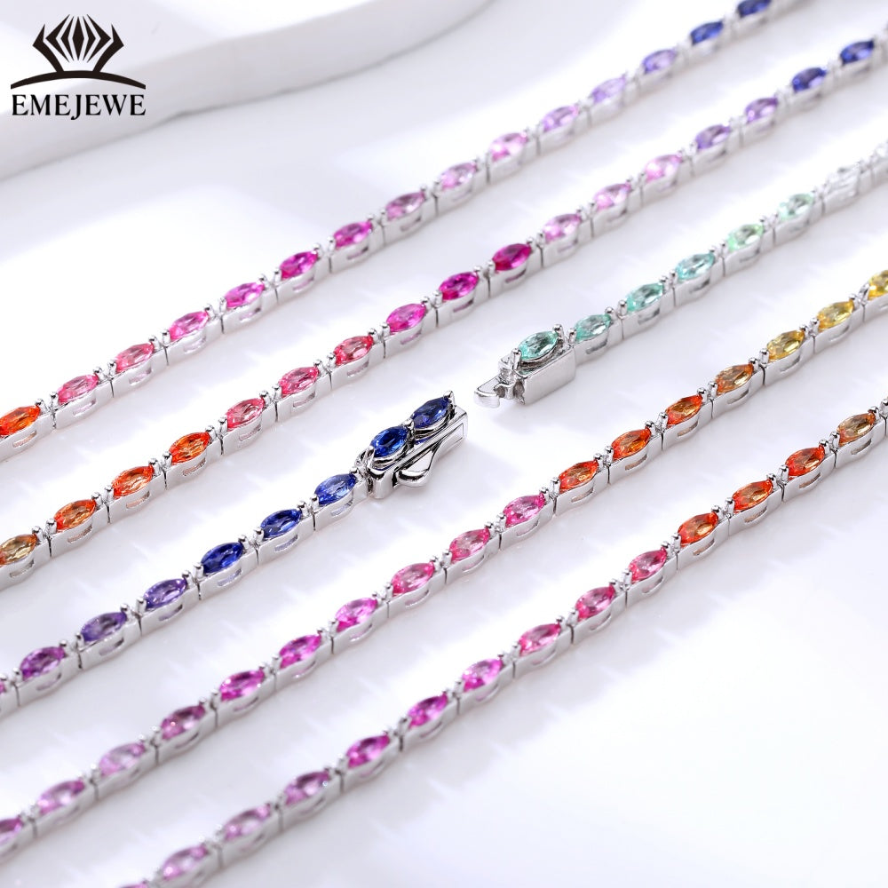 Lab Grown Vintage Marquise Cut Vibrant Rainbow Sapphire Tennis Bracelet Tai Silver 2*4mm Rich Colored Sapphires