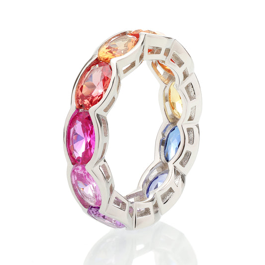4x6 oval Lab Grown Sapphire Rainbow Multi color bezel eternity wedding band ring in gold