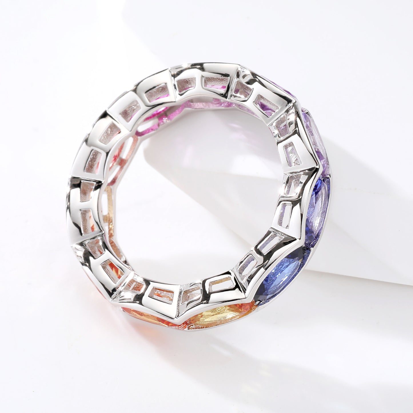 4x6 oval Lab Grown Sapphire Rainbow Multi color bezel eternity wedding band ring in gold