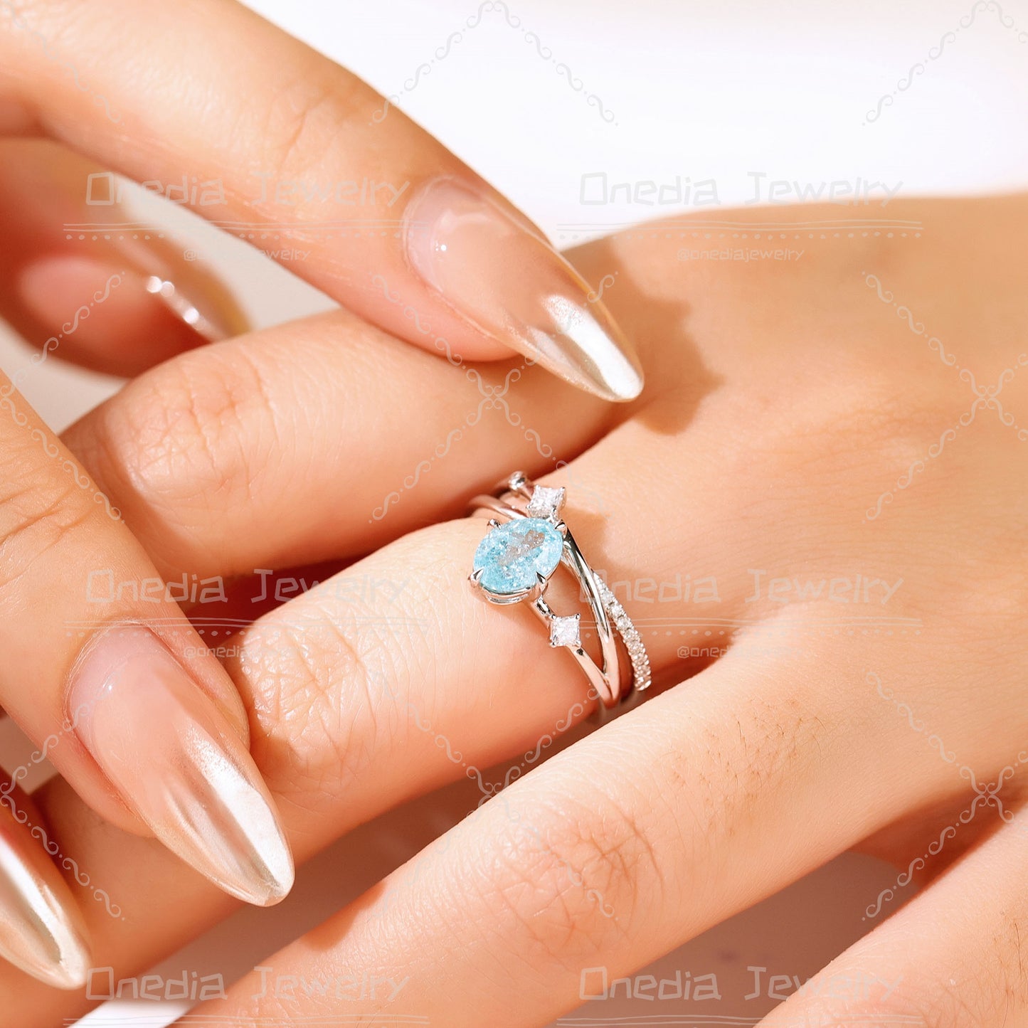 1ct Oval Lab Grown Paraiba color YAG Ice Blue 5x7mm Romantic Star design Engagement ring in 14k white gold
