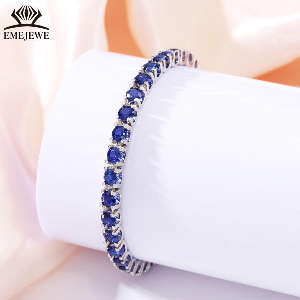 Factory Supply S925 3mm Cut Lab Sapphire Tennis Chain Link Bracelet Custom Length Platinum/Silver/Rhodium Plated Unisex