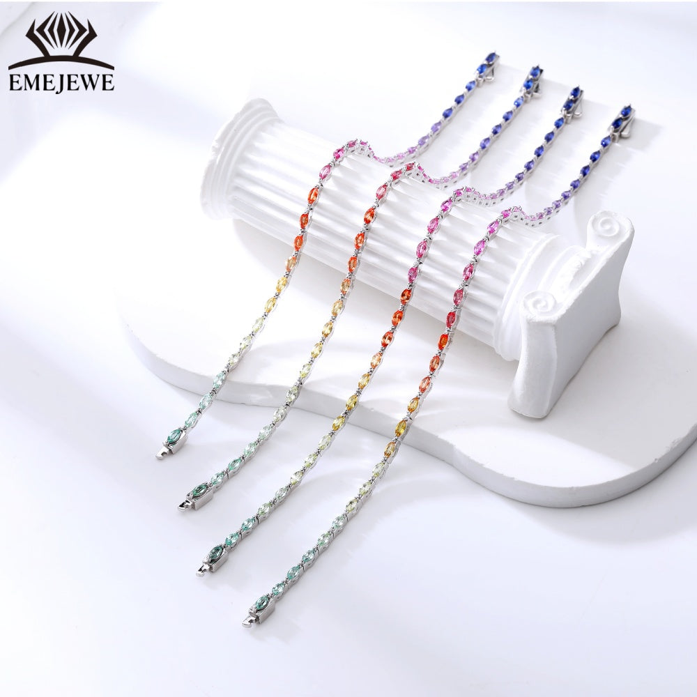 Lab Grown Vintage Marquise Cut Vibrant Rainbow Sapphire Tennis Bracelet Tai Silver 2*4mm Rich Colored Sapphires