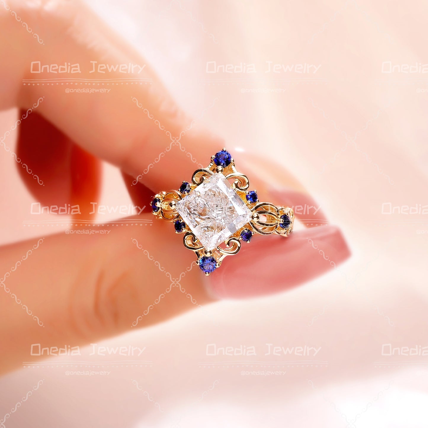 3ct Princess-cut Lab Diamond Intricate Filigree with Sapphire Embellishments Engagement Ring in 18k yellow gold