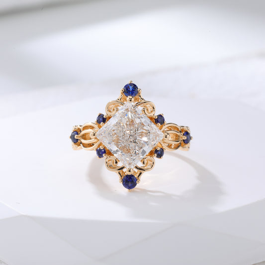 3ct Pincess cut Lab Diamond with royal blue lab sapphire Vintage Floral engagement ring in gold