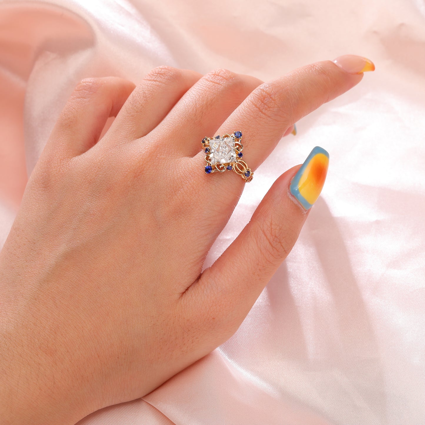 3ct Pincess cut Lab Diamond with royal blue lab sapphire Vintage Floral engagement ring in gold