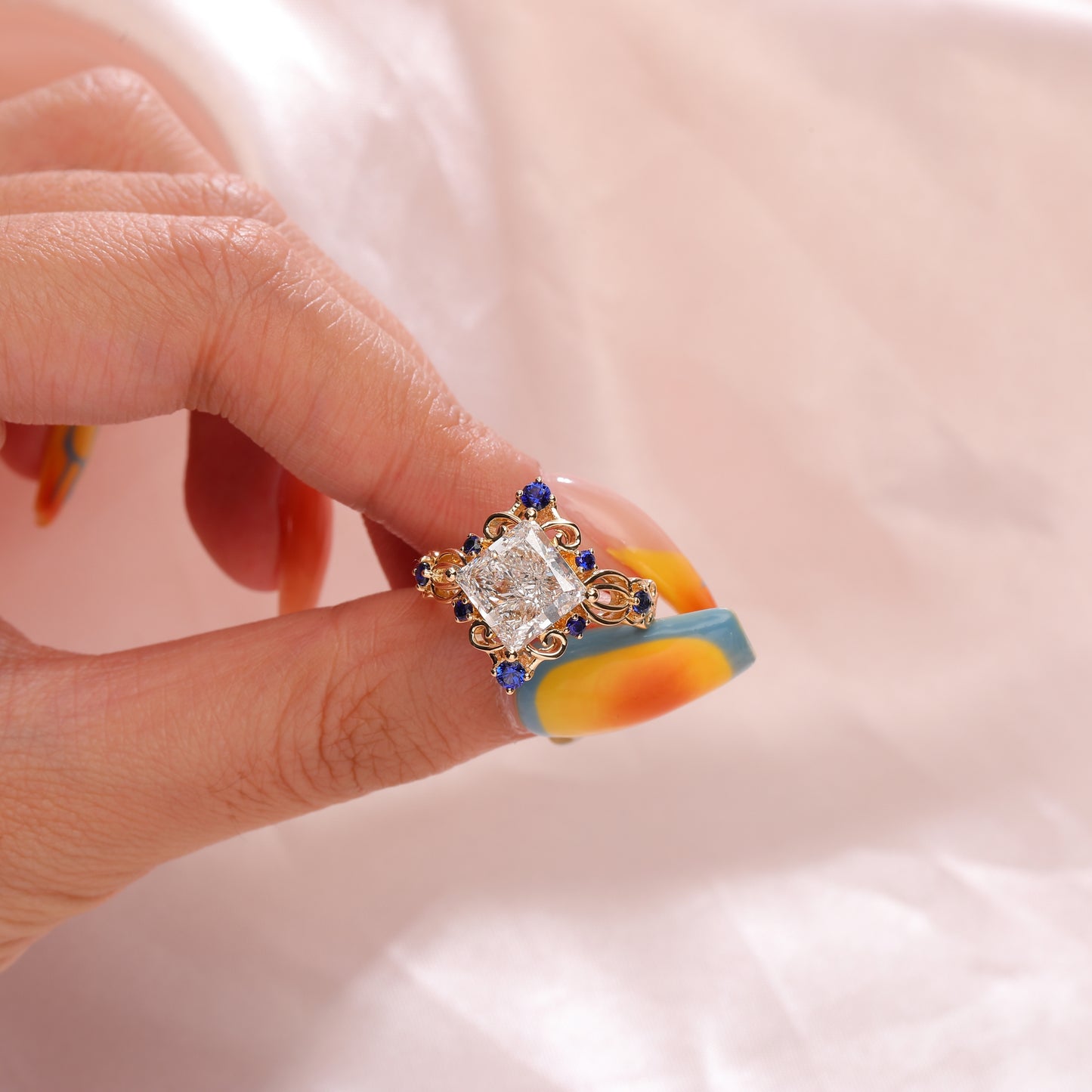 3ct Pincess cut Lab Diamond with royal blue lab sapphire Vintage Floral engagement ring in gold