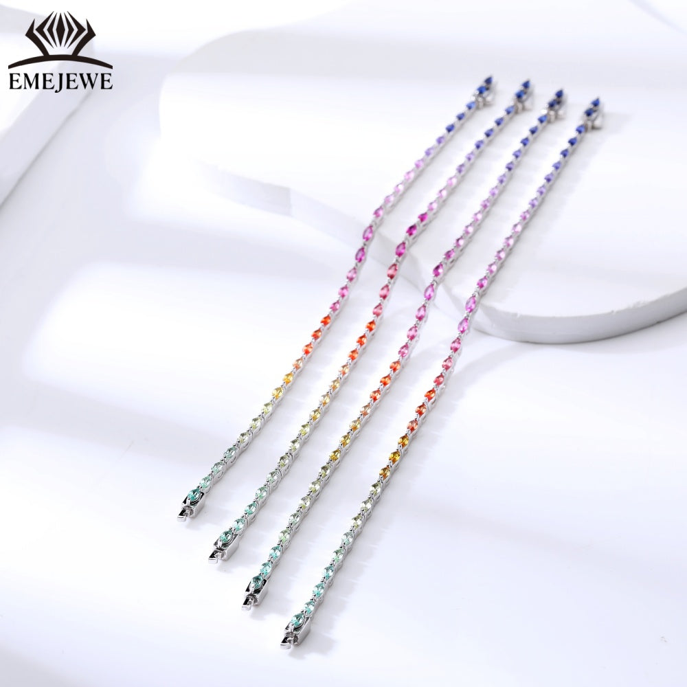 Lab Grown Vintage Marquise Cut Vibrant Rainbow Sapphire Tennis Bracelet Tai Silver 2*4mm Rich Colored Sapphires