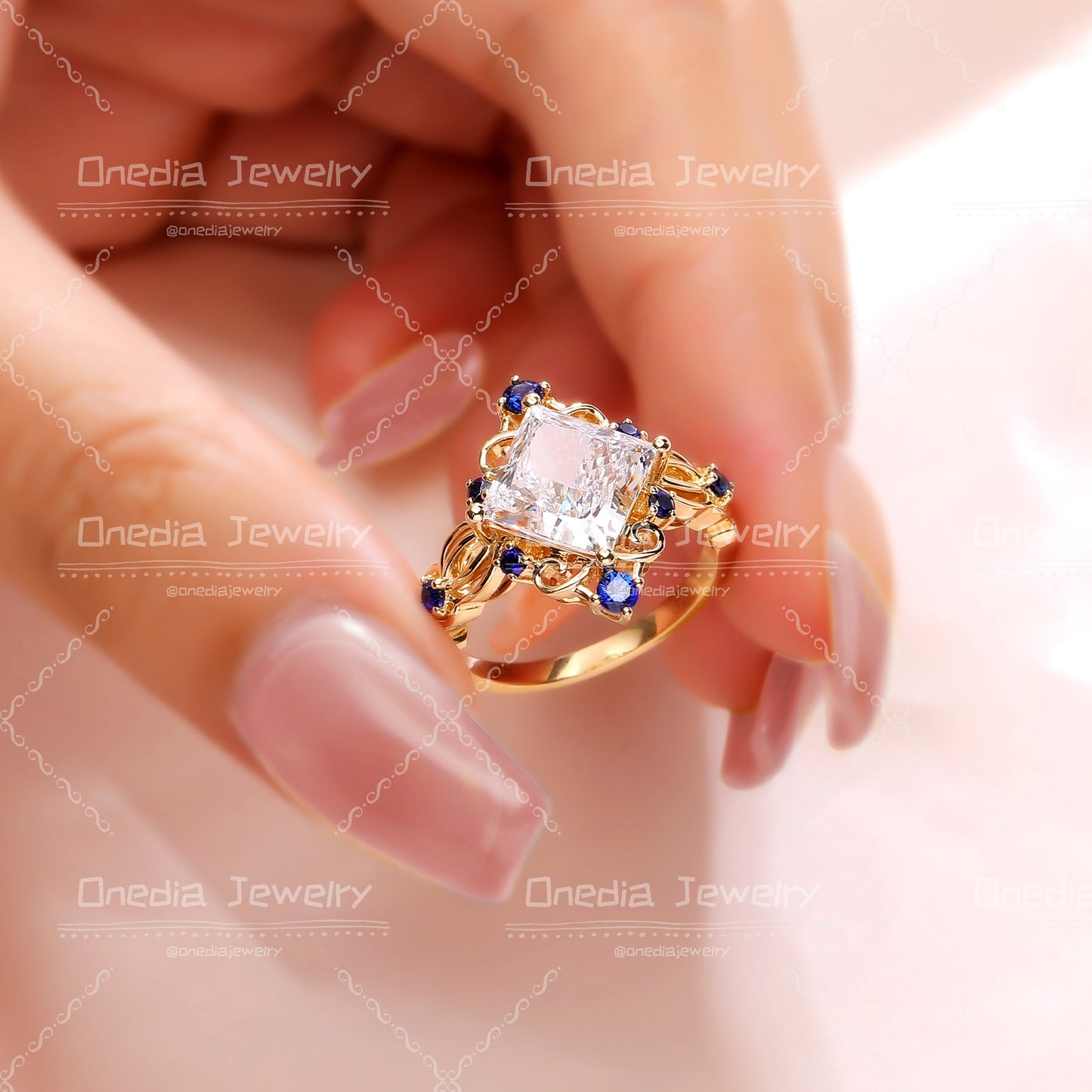 3ct Princess-cut Lab Diamond Intricate Filigree with Sapphire Embellishments Engagement Ring in 18k yellow gold