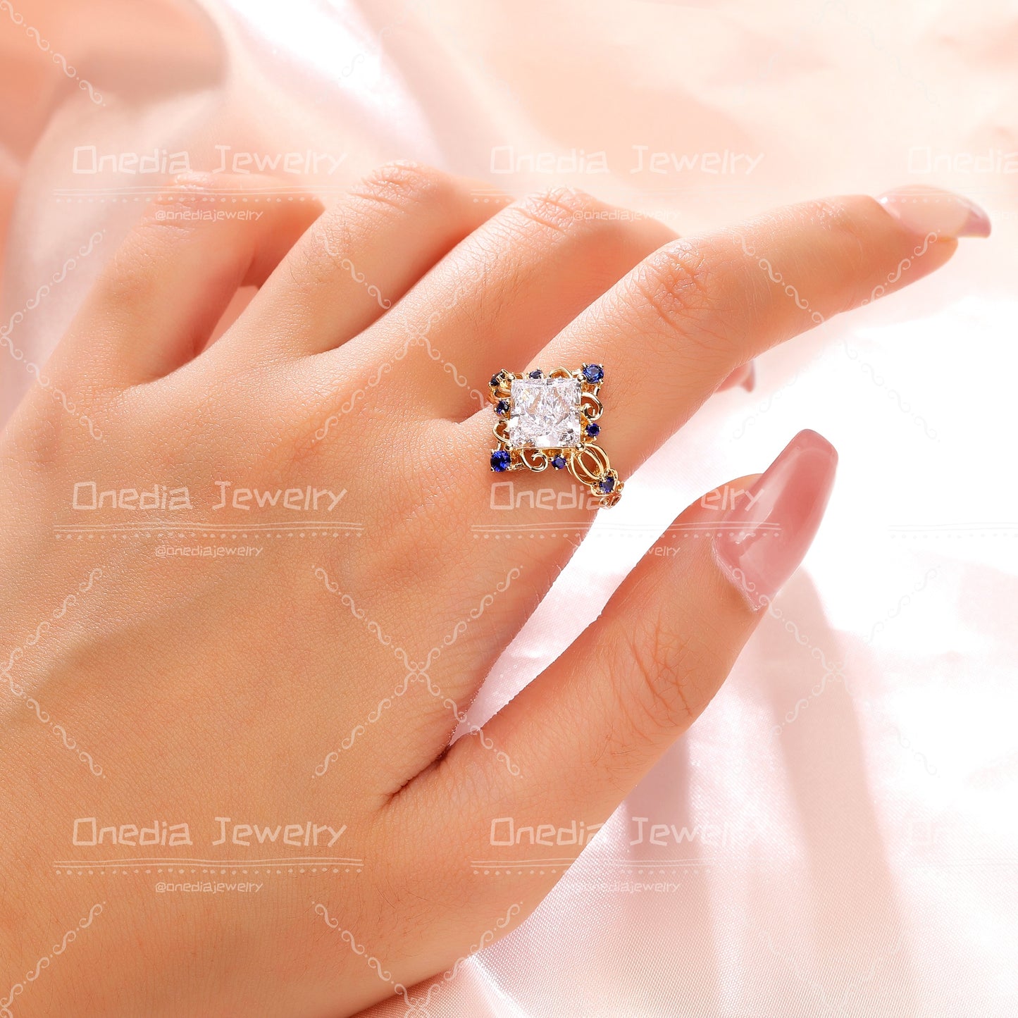 3ct Princess-cut Lab Diamond Intricate Filigree with Sapphire Embellishments Engagement Ring in 18k yellow gold