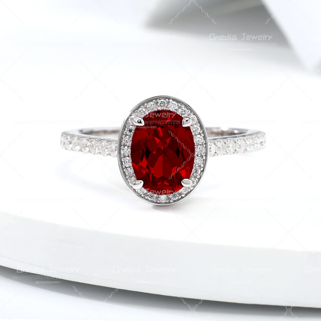 1.5ct Oval Lab Grown Ruby Pigeon Blood Red 6x8mm Classic Halo design Engagement ring in 18k white gold