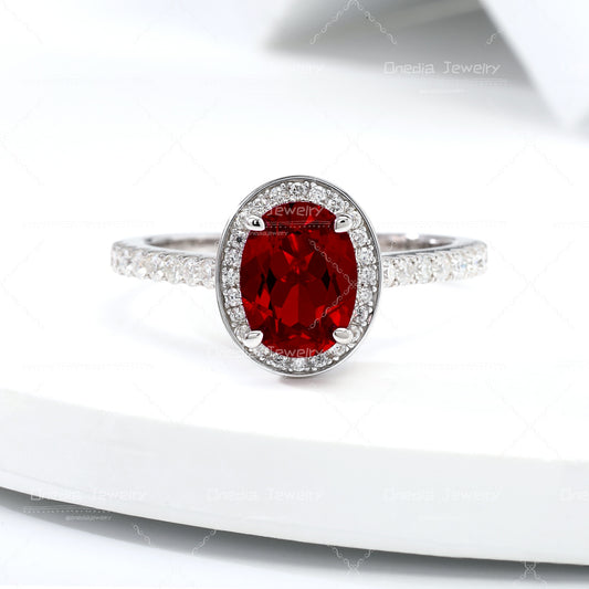 1.5ct Oval Lab Grown Ruby Pigeon Blood Red 6x8mm Classic Halo design Engagement ring in 18k white gold