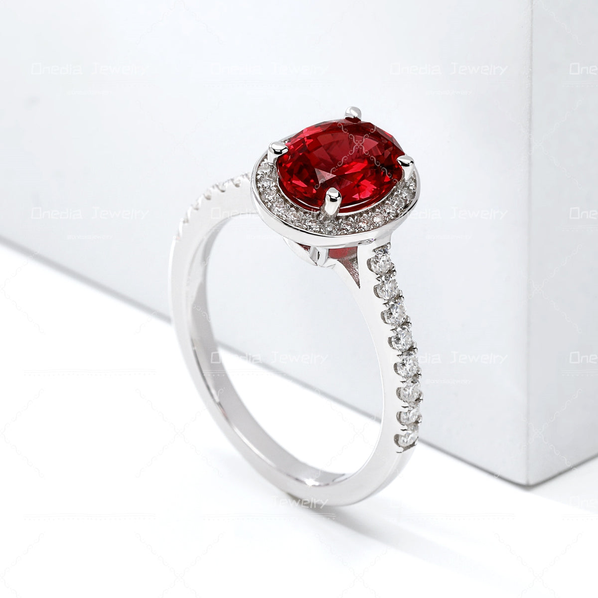 1.5ct Oval Lab Grown Ruby Pigeon Blood Red 6x8mm Classic Halo design Engagement ring in 18k white gold