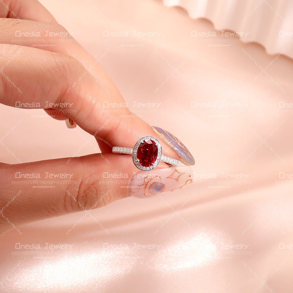 1.5ct Oval Lab Grown Ruby Pigeon Blood Red 6x8mm Classic Halo design Engagement ring in 18k white gold