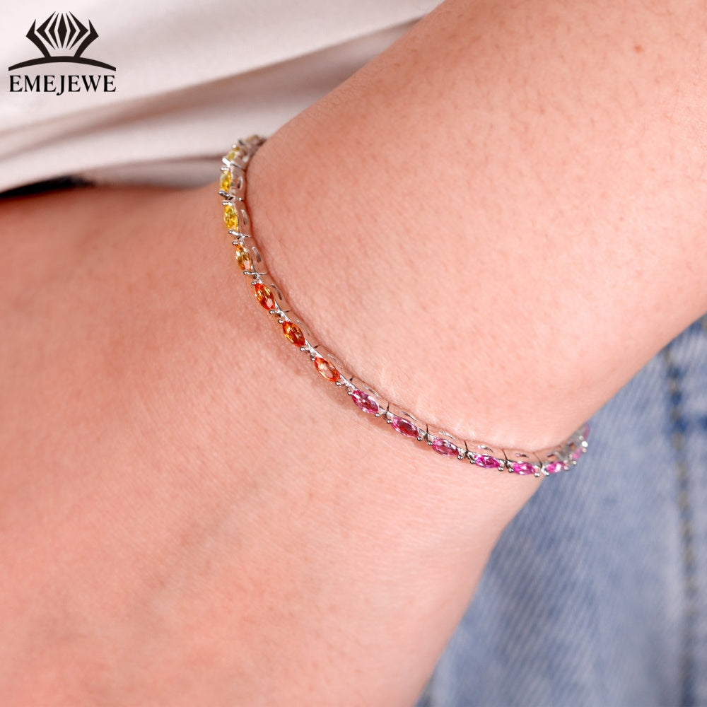 Lab Grown Vintage Marquise Cut Vibrant Rainbow Sapphire Tennis Bracelet Tai Silver 2*4mm Rich Colored Sapphires