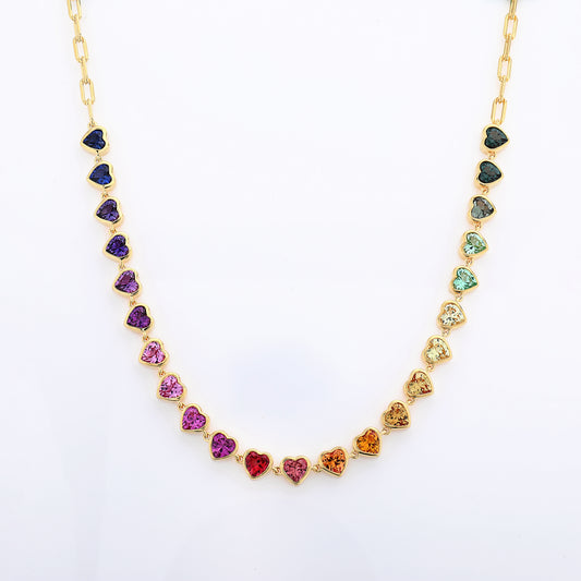 Rainbow color Heart-Shaped 5mm Lab Grown Sapphire Half tennis bracelet paperclip chain