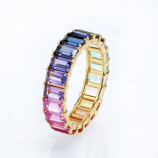 3x5mm Emerald Cut Lab Grown Sapphire Rainbow Multi color claw eternity wedding band ring in 18k gold