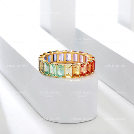 3x5mm Emerald Cut Lab Grown Sapphire Rainbow Multi color claw eternity wedding band ring in 18k gold