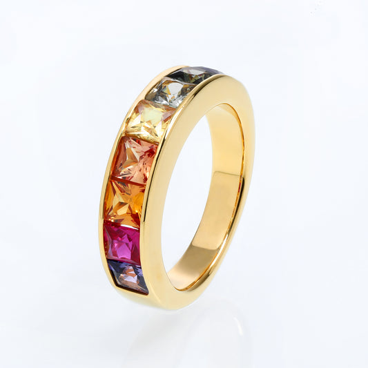 3.5mm princess cut lab grown sapphire multi color rainbow half eternity wedding band ring in gold