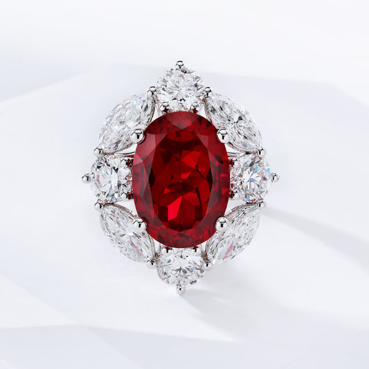 7CT Oval Lab Grown Ruby/Diamond Halo Women's Engagement Gift 18k White Gold