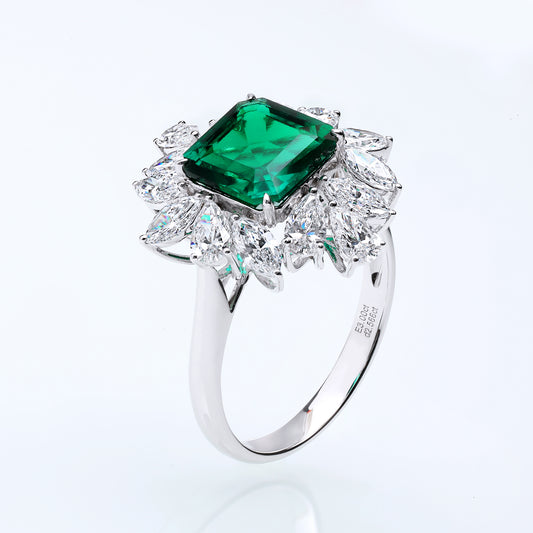 3 carats Lab Grown Emerald Zambia deep green lab diamonds luxury floral cluster engagement ring gold