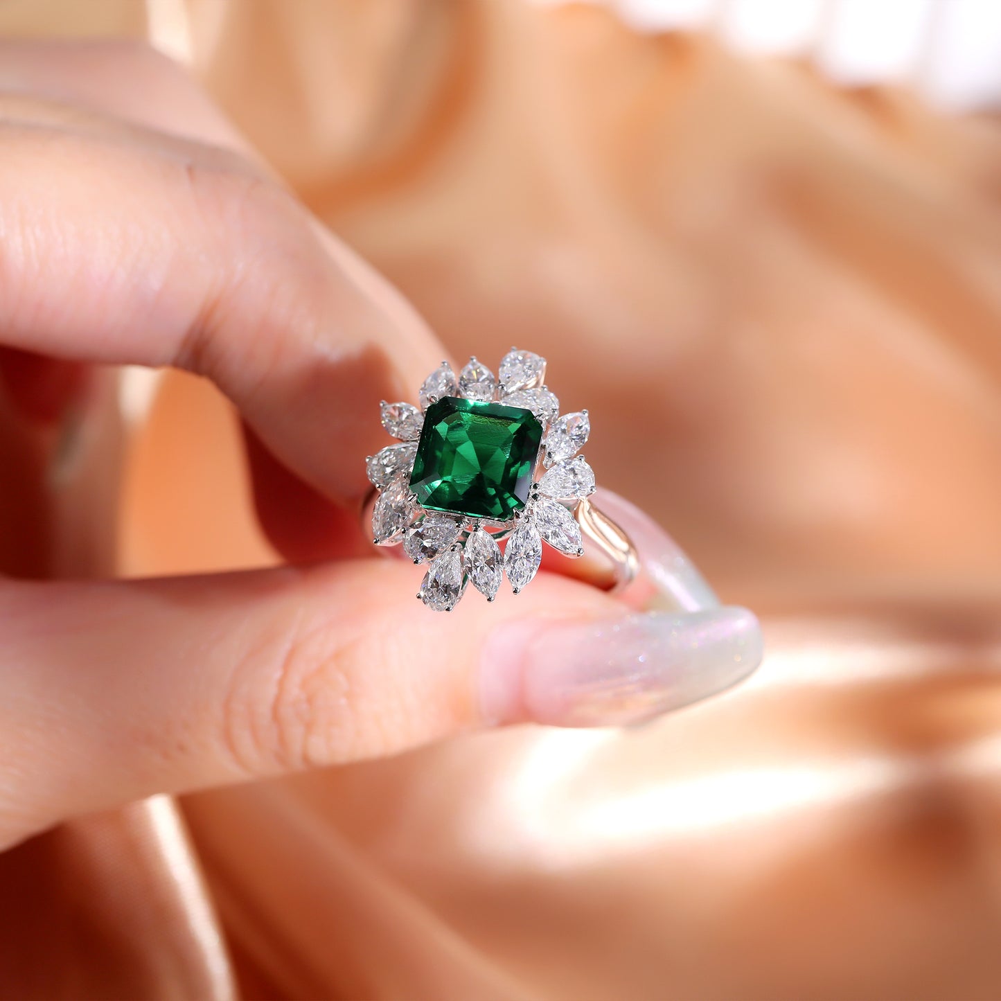 3 carats Lab Grown Emerald Zambia deep green lab diamonds luxury floral cluster engagement ring gold