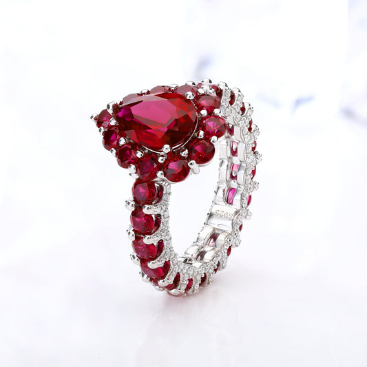 7x10MM Pigeon Red Lab Grown Ruby Full diamonds Engagement Ring in Gold