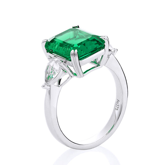 Emerald&Pear 4.65ct Lab Grown Emerald with White Sapphire Three Stone Engagement Ring Gold
