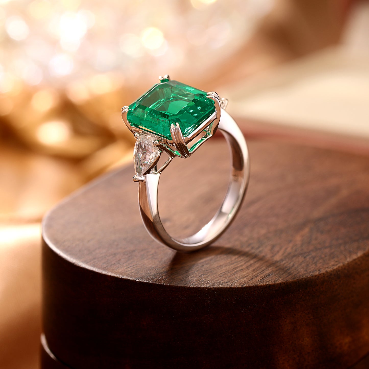 Emerald&Pear 4.65ct Lab Grown Emerald with White Sapphire Three Stone Engagement Ring Gold