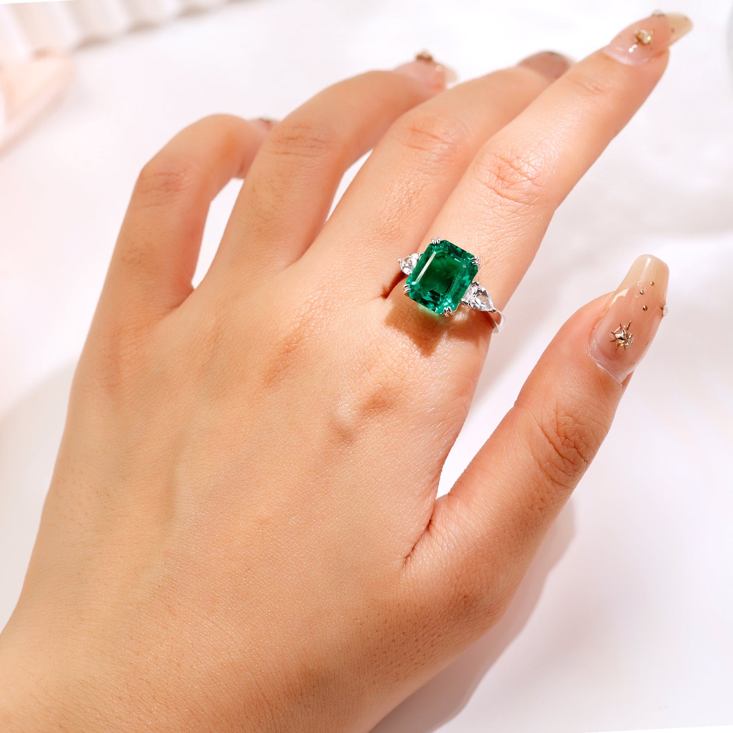 Emerald&Pear 4.65ct Lab Grown Emerald with White Sapphire Three Stone Engagement Ring Gold
