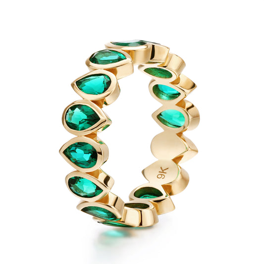 Bezel set Lab Grown Emerald 3x5 pear shaped eternity band ring in gold