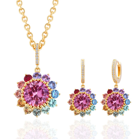 Rainbow Lab Grown Sapphire Floral patten ombre pendant earrings set gold