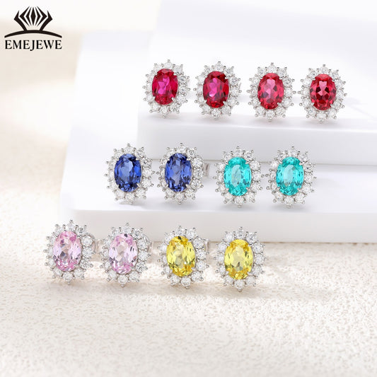 New Arrival S925 Pure Silver 5*7mm Oval Shape Multi-color Sapphire Earrings Sparkling Sunflower Surround Moissanite Daily Party Fine Jewelry