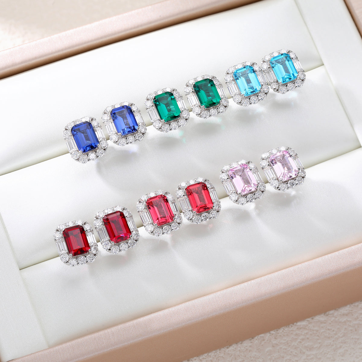 New Arrival S925 Pure Silver 5*7mm OCT Shape Multi-color Sapphire Earrings Sparkling Sunflower Surround Moissanite Colorful Gemstone Women Jewelry Gift