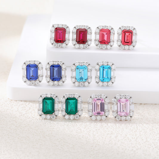 New Arrival S925 Pure Silver 5*7mm OCT Shape Multi-color Sapphire Earrings Sparkling Sunflower Surround Moissanite Colorful Gemstone Women Jewelry Gift