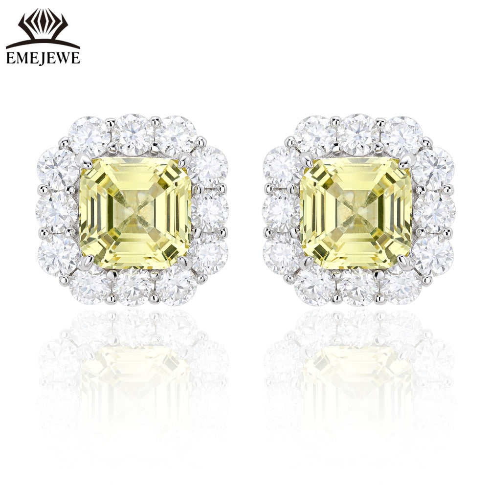 S925 Silver Ascher Cut Multi-color Sapphire Stud Earrings Halo Setting Sparkling Moissanite Fine Jewelry For Women