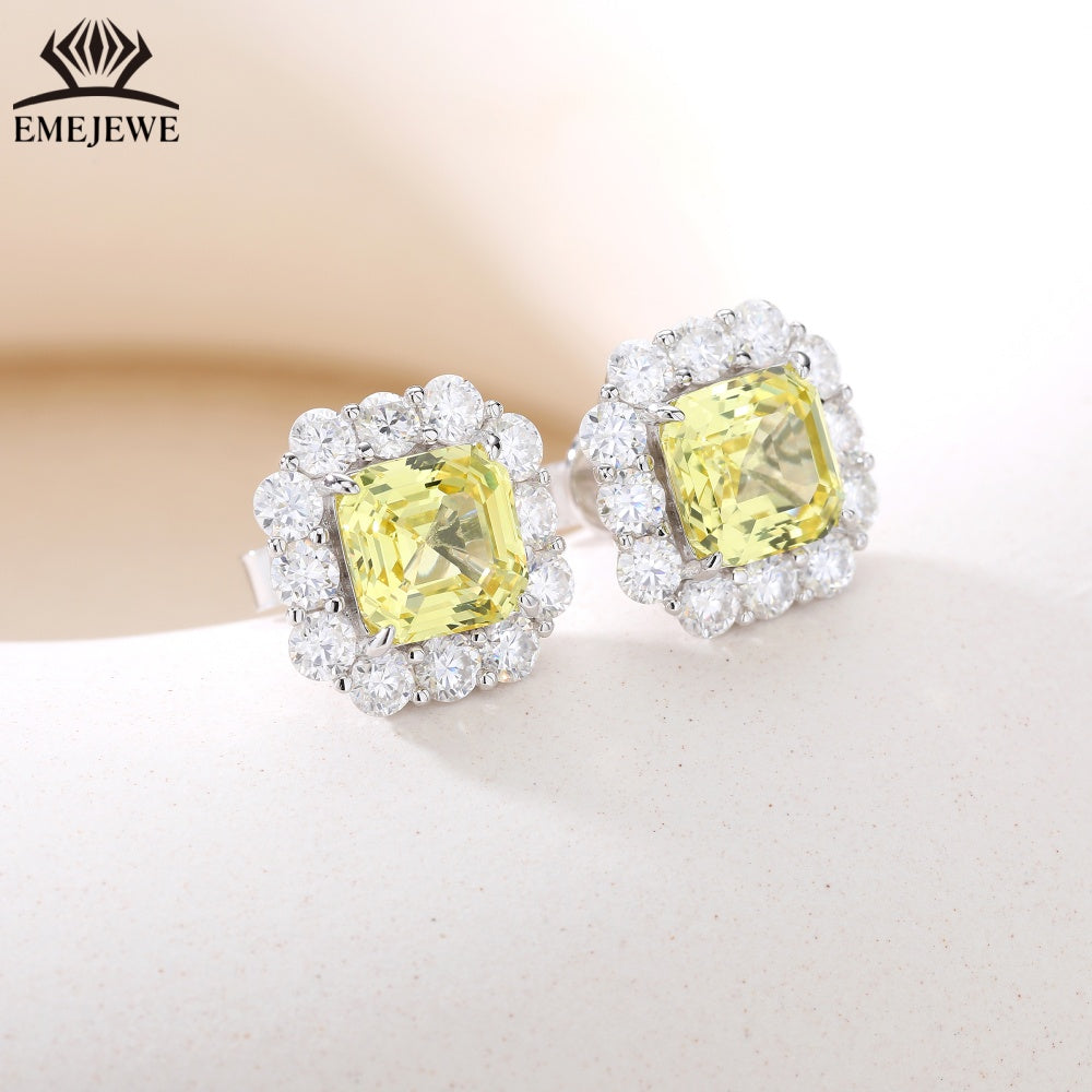 S925 Silver Ascher Cut Multi-color Sapphire Stud Earrings Halo Setting Sparkling Moissanite Fine Jewelry For Women