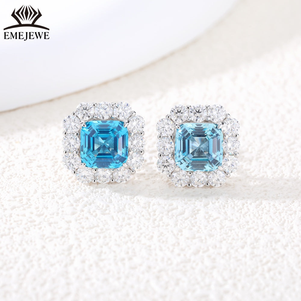 S925 Silver Ascher Cut Multi-color Sapphire Stud Earrings Halo Setting Sparkling Moissanite Fine Jewelry For Women