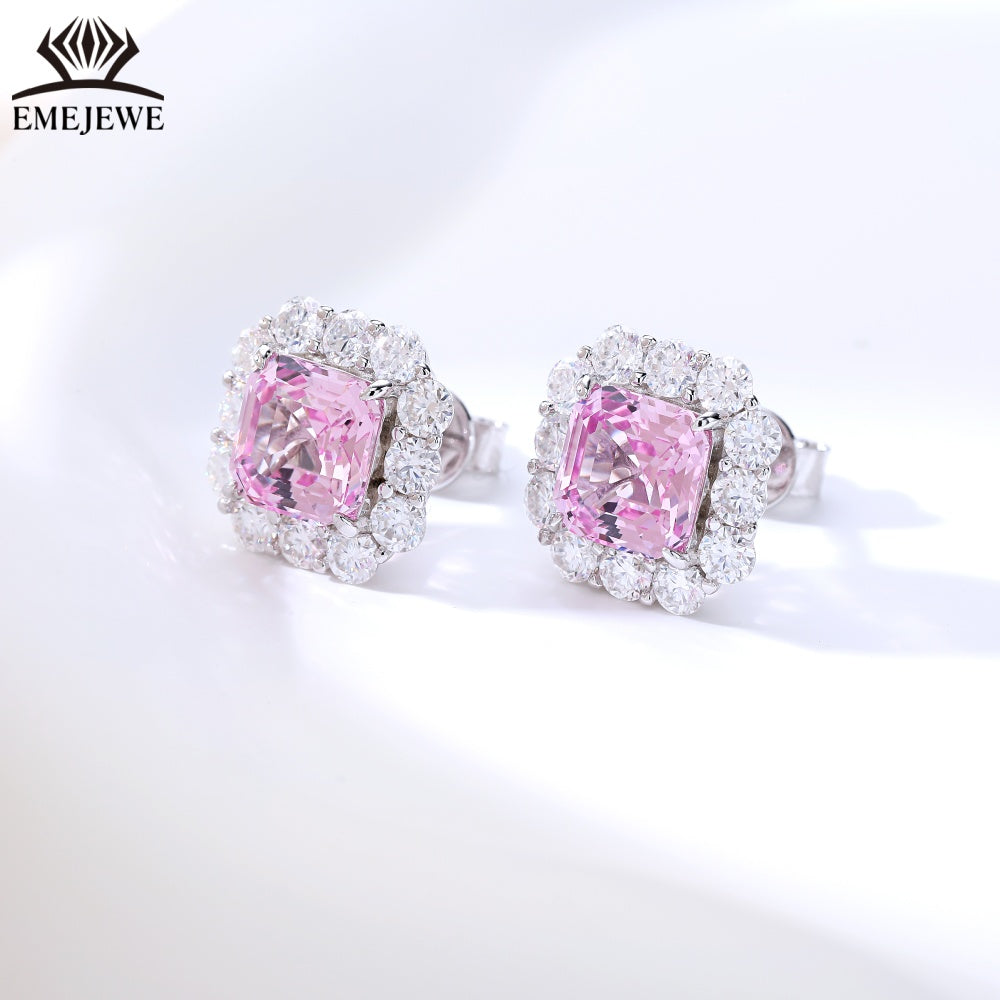 S925 Silver Ascher Cut Multi-color Sapphire Stud Earrings Halo Setting Sparkling Moissanite Fine Jewelry For Women