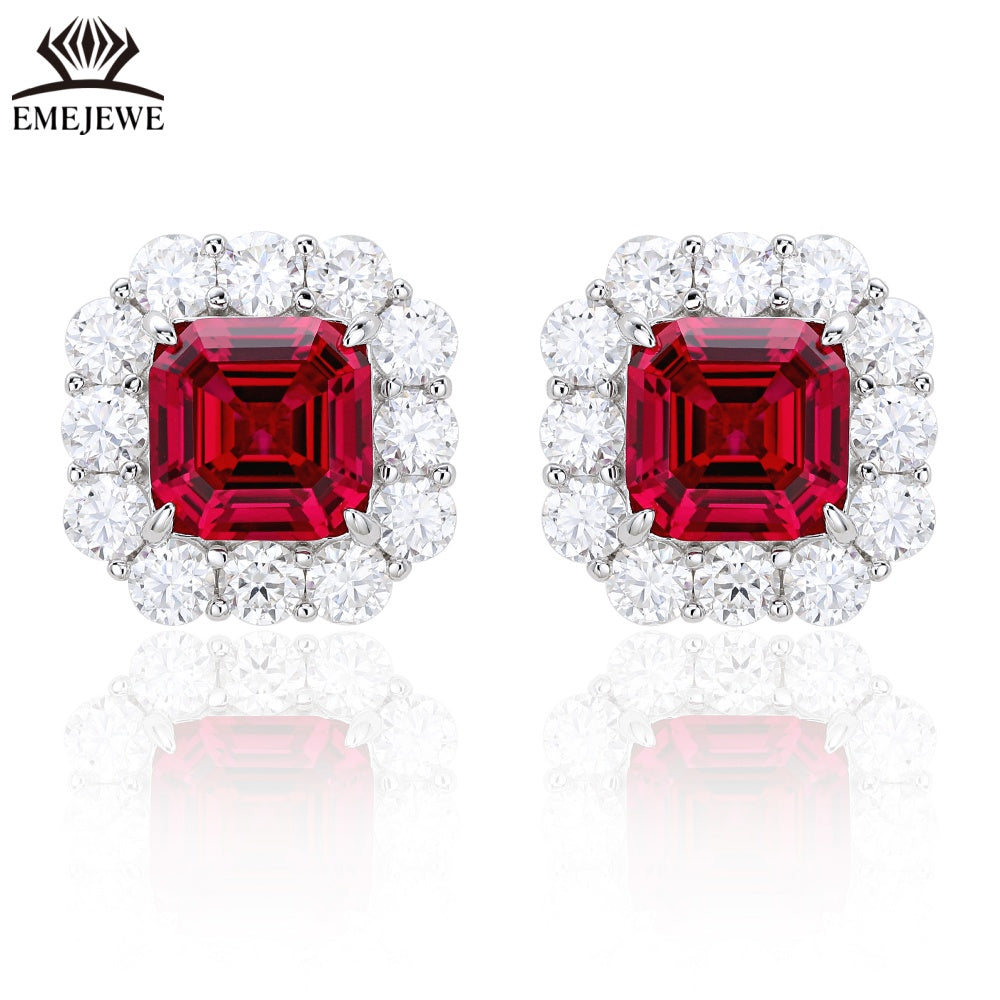 S925 Silver Ascher Cut Multi-color Sapphire Stud Earrings Halo Setting Sparkling Moissanite Fine Jewelry For Women