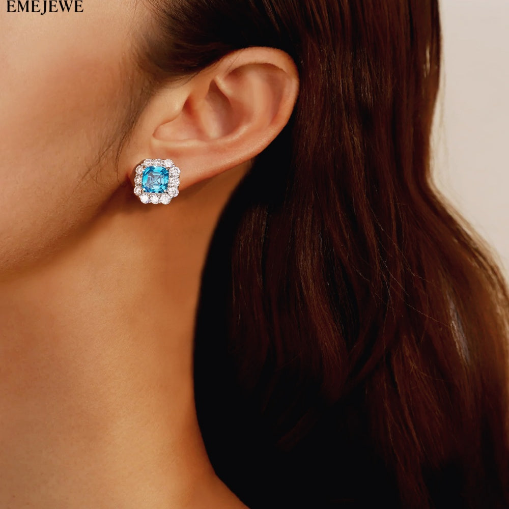 S925 Silver Ascher Cut Multi-color Sapphire Stud Earrings Halo Setting Sparkling Moissanite Fine Jewelry For Women